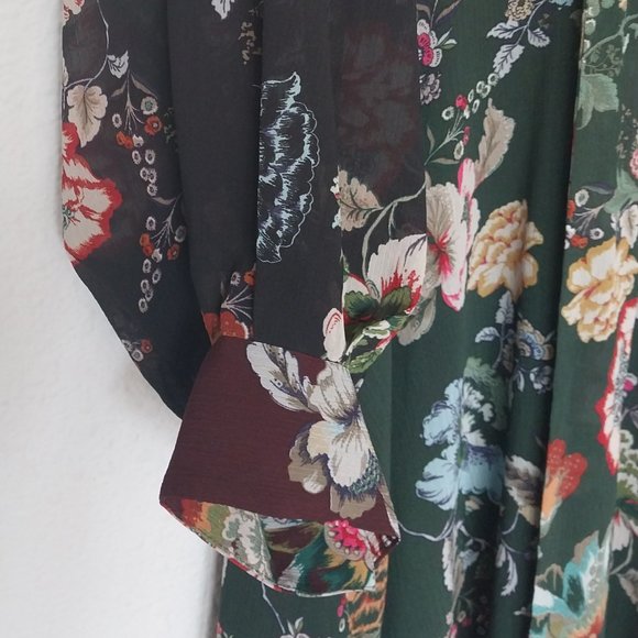 Zara Emerald Green & Burgundy Floral Chiffon Tie Neck Midi Dress - Picture 10 of 15